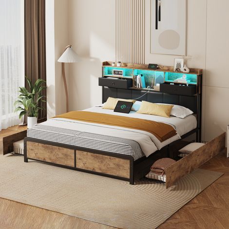 JOOKGBD-Polsterbett Doppelbett 140x200 cm, Jugendbett mit LED und USB, 4 Schubladen, Kopfteil mit Stauraum, Lattenrost, PU, Schwarz