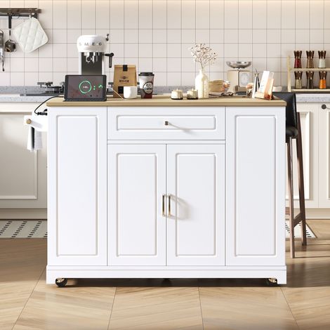Desserte de cuisine, armoire de cuisine, desserte amovible, coin repas escamotable, buffet imitation bois avec rangements, îlot de cuisine mobile, Blanc (1/5)