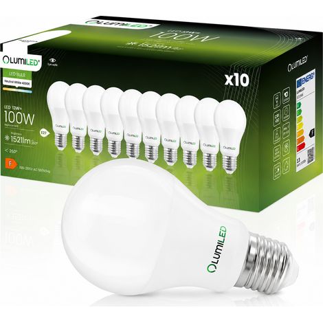 10 ampoules LED E27 A60 13W = 100W 1521lm 4000K Neutre 260°