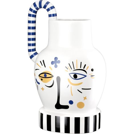 Vase à Anse, en céramique, Blanc, Hauteur 36 cm x Largeur 24 cm, avec Motif Visage, Vase décoratif imperméable (1/4)