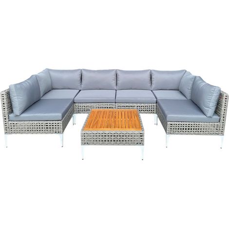 Salon de Jardin 7 Pièces, Canapé en Osier avec Coussins et Table Basse en Bois d'Acacia, pour Jardin, Bord de Piscine et Arrière-cour, Gris