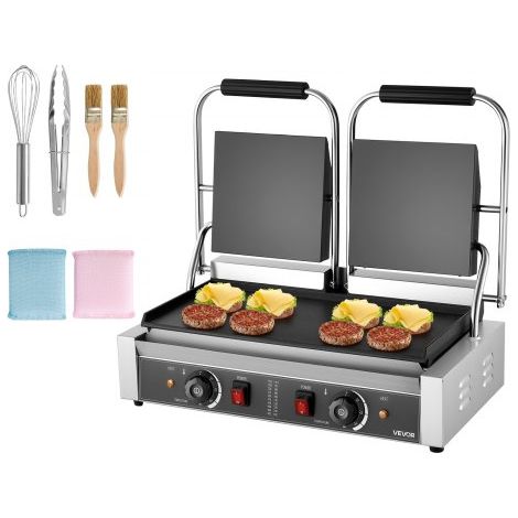 Parrilla de Contacto Eléctrica de 3600 W, para Sándwiches, de Acero Inoxidable con Control de Temperatura, Doble Placa Plana Esmaltada de 48 x 23 cm, para Hamburguesas, Filetes y Tocino (1/5)