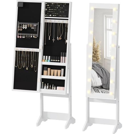 Armoire à bijoux armoire de rangement sur pieds boîte à bijoux avec miroir multi-rangements éclairage LED blanc (1/5)