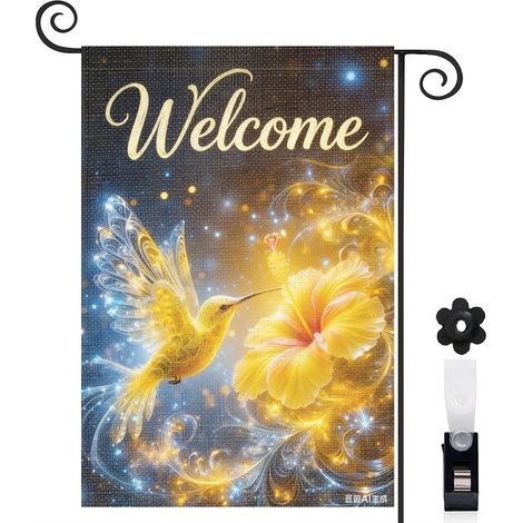 Drapeau de jardin floral bienvenue 30 x 45 cm toile épaisse double face pour décoration de cour balcon entrée maison style printemps été (1/5)