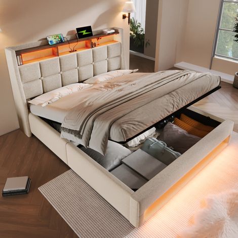 Upholstered Double Bed 135 x 190 cm with LED Lighting, USB Type-C Charging Function, Storage Headboard, 4FT6 Double Bed Storage Bed Frame with Metal Slatted Frame, Linen, Beige (No Mattress)