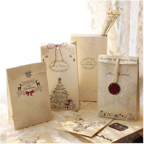 Lot de 12 sacs cadeaux de Noël, sacs en papier kraft, 12 x 6 x 22 cm, mariage, anniversaire (1/4)