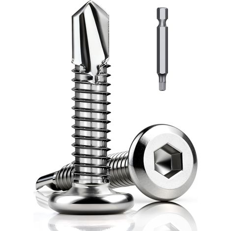 Lot de 120 vis autotaraudeuses en acier inoxydable 410 5,5 x 16 mm Vis autotaraudeuses à tête plate auto-taraudeuse à six pans creux Vis en acier inoxydable pour métal et bois avec foret à six pans (1/5)