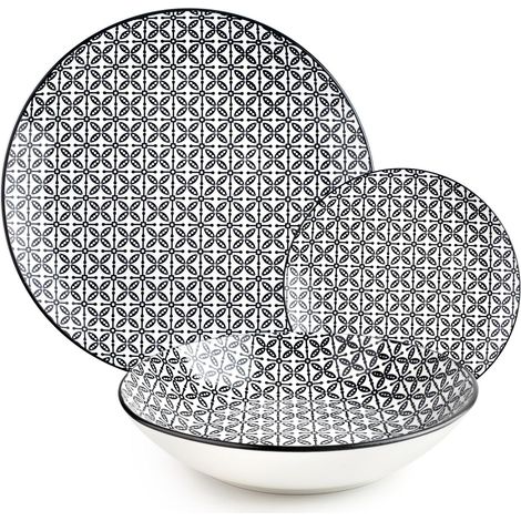Service de table 12 pièces, assiettes en porcelaine pour 4 personnes, Noir/Blanc (1/5)