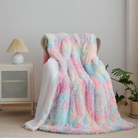 Couverture de Canape en Fausse Cachemire Fourrure en Peluche, Plaid Arc-en-Ciel Super Chaude, Couverture Polaire Haute Qualité, Poil Long Douce et Confortable, 160x200cm (1/5)