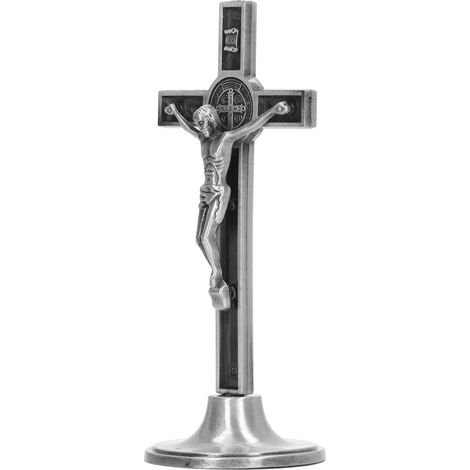 Croix catholique artisanale, crucifix mural vertical en alliage de zinc avec base amovible, argent (1/5)