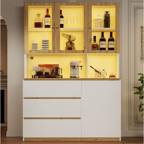 Vetrina alta LED 120x24,5x200 cm in MDF bianco e rovere con contenitore - MEUBLIV (1/5)