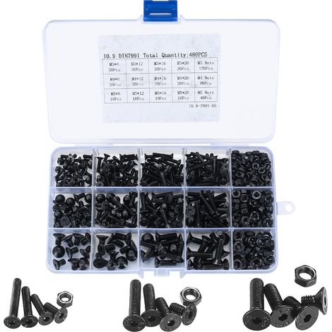 480 Stk Schrauben und Muttern Sortiment Kit, M3 M4 M5 Innensechskant , Flachkopf . (1/5)