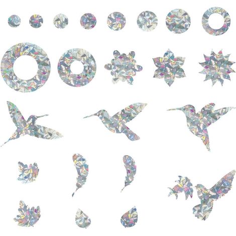 Autocollants Prisma pour vitres - Protection anti-oiseaux, lot de 24 - Protection réfléchissante contre les oiseaux pour vitres - Autocollants anti-collision - Attrape-soleil (Oiseaux et cercles) (1/5)