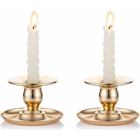 Bougeoir en Laiton Doré de 2 Pièces en Métal Chamberstick Convient Aux Chandelles, Chandeliers, Bougies Chauffe-Plats et Bougies Pilier - pour Présentoir de Fenêtre et Manteau (1/5)