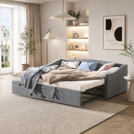Lit 90x200 cm avec accoudoirs rembourrés, velours gris, cadre en métal, sans matelas (1/5)