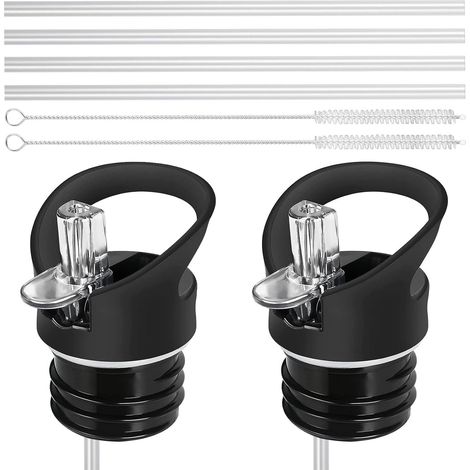 Lot de 2 couvercles de rechange pour bouteille d'eau avec paille/brosse de nettoyage, bouchon standard pour bouteille d'eau, noir (1/5)