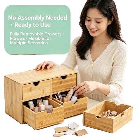 Organizzatore da scrivania in bambù, con 4 cassetti, dimensioni 33x19x16 cm, non richiede montaggio, dimensioni compatte. (1/5)
