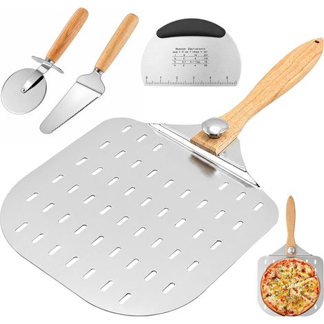 Lot de 4 pelles à pizza perforées 30 x 35 cm avec manche en bois (1/5)
