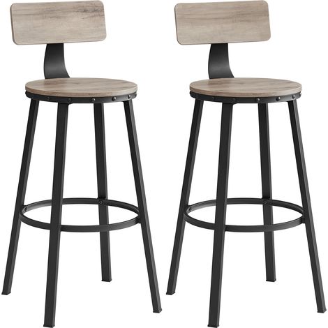 Vasagle – Lot de 2 tabourets de bar – Hauteur d'assise 73,5 cm – Cadre en acier noir – Dossier et repose-pieds – Style industriel grège