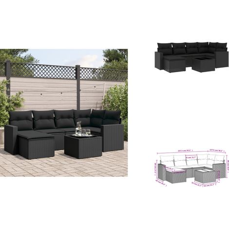 7-tlg. Garten-Sofagarnitur mit Kissen Schwarz Poly Rattan - Gartenmöbel Set - PE-Rattan Möbel - Outdoor Sofa - Esstisch - Lounge Set (1/3)