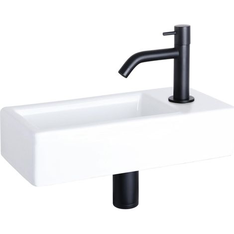 Differnz Hura Set lave-mains 38.5x18.5x9cm avec robinet courbé noit mat céramique Blanc (1/5)
