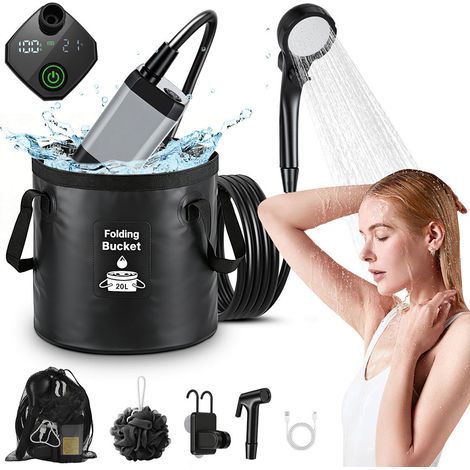 Jiubiaz Doccia da campeggio portatile con secchio pieghevole da 20L, indicatore di temperatura, kit esterno con doccetta per giardino, lavaggio auto, spiaggia