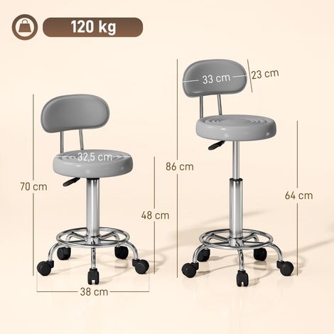 Tabouret pivotant réglable à roulettes, dossier inclus, similicuir gris, repose-pieds, idéal coiffeuse (1/5)