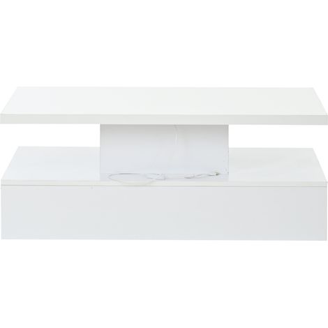 Mesa de centro LED blanca 100 x 50 x 39 cm con cajón y compartimento abierto (1/5)