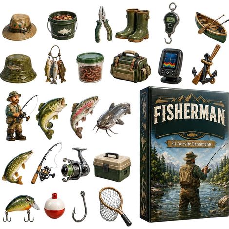 Adventskalender 2026 – 24 Teile – mehrfarbig – Acryl – Angelmotiv – Anhänger in Form von Angelzubehör – Mini-Sammelfiguren – geeignet für Weihnachtsbaum und Innendekoration (1/5)