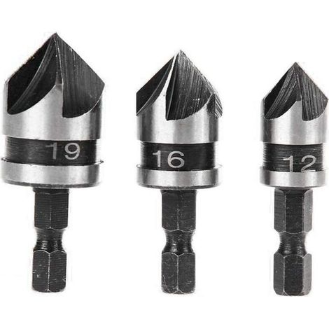 3pcs 90 Degrés 5 Flûte Fraises à Chanfreiner Set Pour Bois, Métal Changement Rapide 1/4" Hex Foret à Chanfreiner en Acier au Carbone Outil de Coupe de Chanfreinage de Bois 12/16/19mm (1/4)