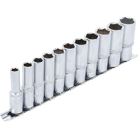 Bgs Technic – Jeu de 11 douilles extra longues 6 pans carrés 3/8' – Acier chrome-vanadium – Dimensions 8 à 19 mm – Cannelure pour meilleure adhérence (1/3)