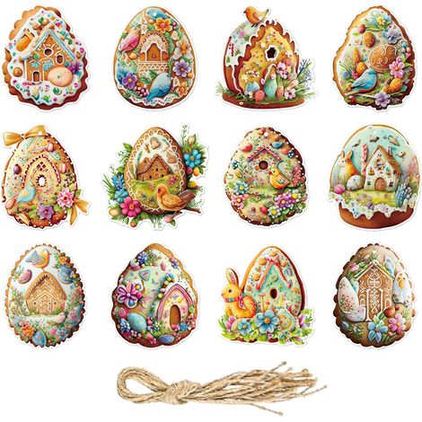 Ornement Accroche - Oeuf De Pâques 2D - Motifs Floral Lapin Maison Oiseau - Décoration Intérieure Extérieure - Lot De 12 (1/5)