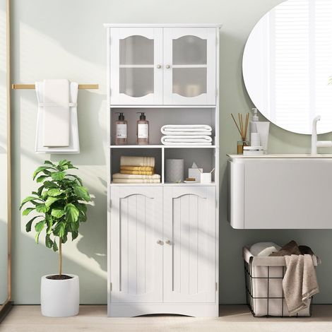 Goplus – Armoire murale de salle de bain haute 60x30x148,5cm – 2 portes en verre trempé – Étagères réglables – Système anti-basculement (1/4)
