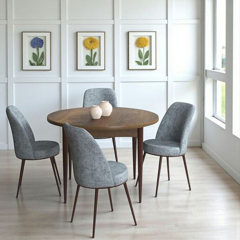 Ensemble table ronde Ø90 cm + 4 chaises gris clair à motifs AROLA (1/4)
