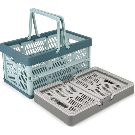 Paniers de rangement pliables Domiella, caisses PP pliables avec poignées, capacité de 20 L, solides et portables pour la maison, le pique-nique et les courses, gris + bleu, 2 pièces (1/5)