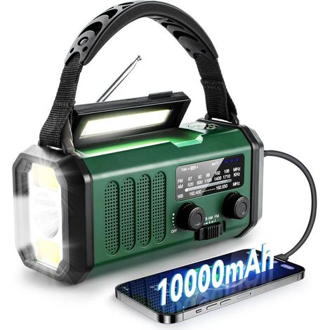 Radio d'urgence verte de 10 000 mAh à énergie solaire avec manivelle, lampe torche, radio AM/FM et prévisions météorologiques. (1/5)