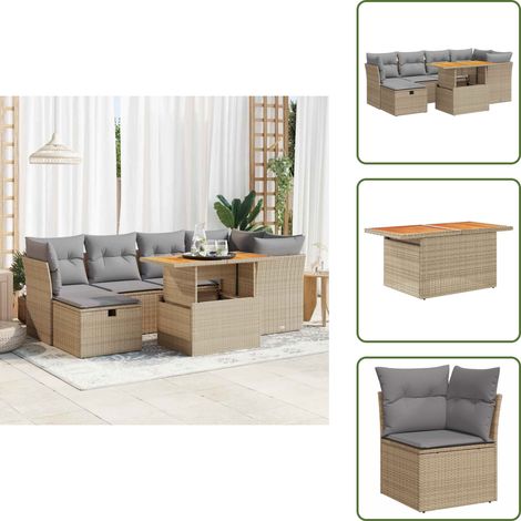 vidaXL 7-tlg. Garten-Sofagarnitur mit Kissen Beige Poly Rattan Akazie (1/5)
