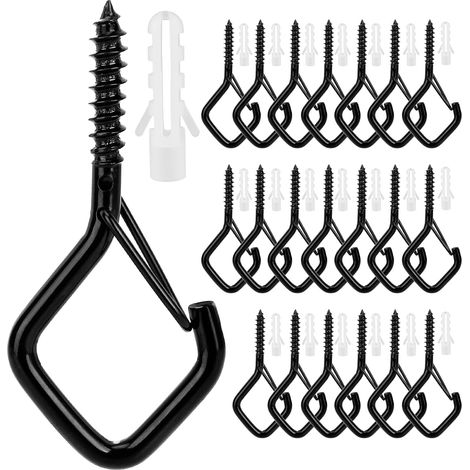 Confezione da 20 ganci a vite per esterni, ideali per appendere catene luminose resistenti per piante, adatte per luci da patio, soffitto, parete, recinzione e montaggio su terrazza (nero). (1/5)