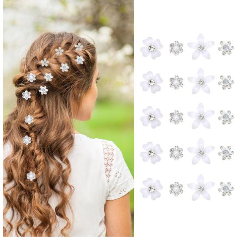 20 pinzas para el cabello blancas con forma de flor pequeña, mini pinzas para el cabello con forma de flor de diamante y perlas, ideales para fiestas de cumpleaños, bodas y sesiones de fotos para muje (1/5)