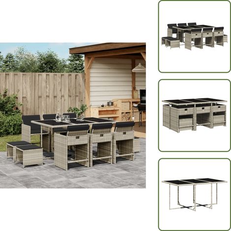 The Living Store 11-tlg. Garten-Essgruppe mit Kissen Hellgrau Poly Rattan - Gartenmöbel Set - Gartentisch - Gartenstühle - Gartenhocker - Rattan Möbel