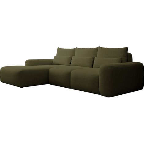 Selsey Carnos – Ecksofa mit Schlaffunktion, Lendenkissen, wasserabweisendem Chenille, Olivgrün, links (1/5)