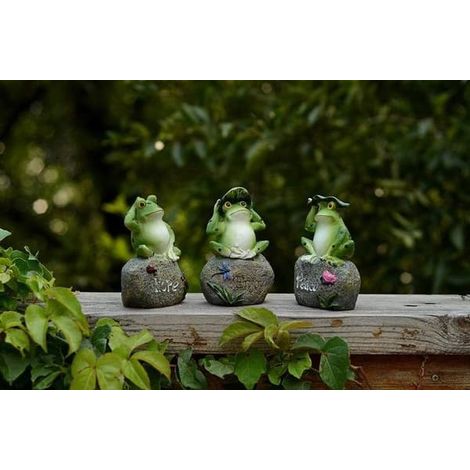 Lot de 3 statues de grenouilles pour jardin - Figurine de grenouille assise sur une pierre (1/5)