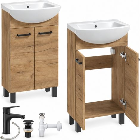 Mobile da bagno autoportante con lavabo, rubinetto nero, rovere artigianale color oro, 45x83 cm. (1/5)