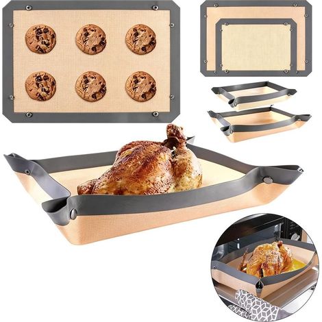 Zweierpackung Silikon-Backmatten mit Rändern und Druckknöpfen, antihaftbeschichtet, wiederverwendbar und auslaufsicher. (1/5)