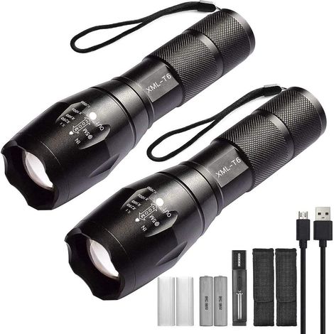 Lot de 2 lampes Torche de poche LED haute puissance avec 2 piles rechargeables 18650, lampe de poche tactique avec chargeur USB (1/5)