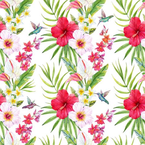 Papier peint panoramique floral tropical Tapisserie panoramique fleurie exotique rouge, verte & blanche Papier peint panoramique salon & cuisine