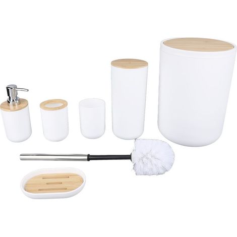 Ensemble de 6 accessoires de salle de bain en PP : poubelle, distributeur de savon, assiette, porte-brosse à dents, gobelet, brosse de toilette, pour une pendaison de crémaillère. (1/5)