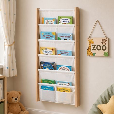 Relaxdays Bücherregal mit 7 Stofftaschen, Wandmontage, Wandregal für Kinder, Buchregal, HBT: 118x44,5x6 cm, MDF, weiß (1/5)