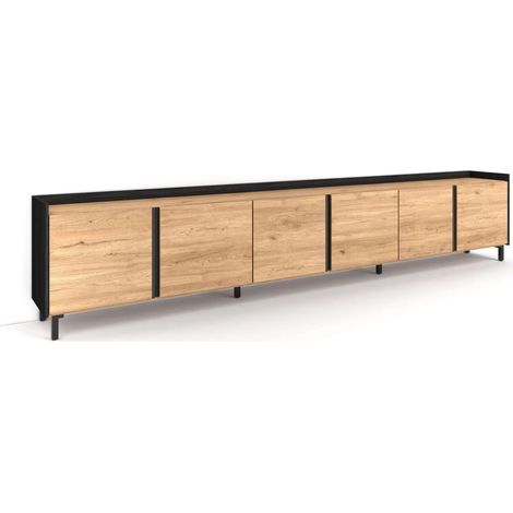 Mueble TV Campillos-02 de 309x61x35 cm con puertas abatibles, diseño industrial, color roble y negro (1/4)