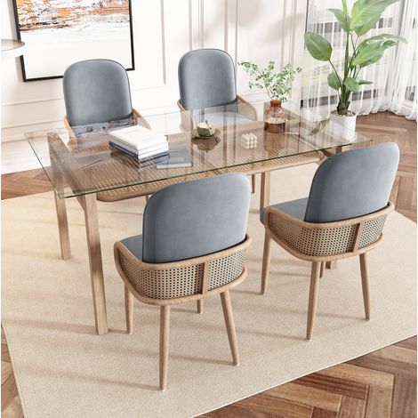 Silla de comedor 4 unidades de terciopelo gris y ratán, diseño natural, estructura metálica (1/5)